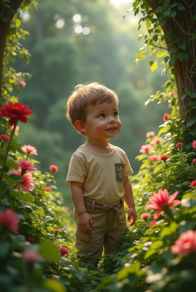 (photorealism:1.2) ( masterpiece ) ( highly detailed) a amazing Young boy in big Éden garden , and rubis and diamond realism , 8k , HD.