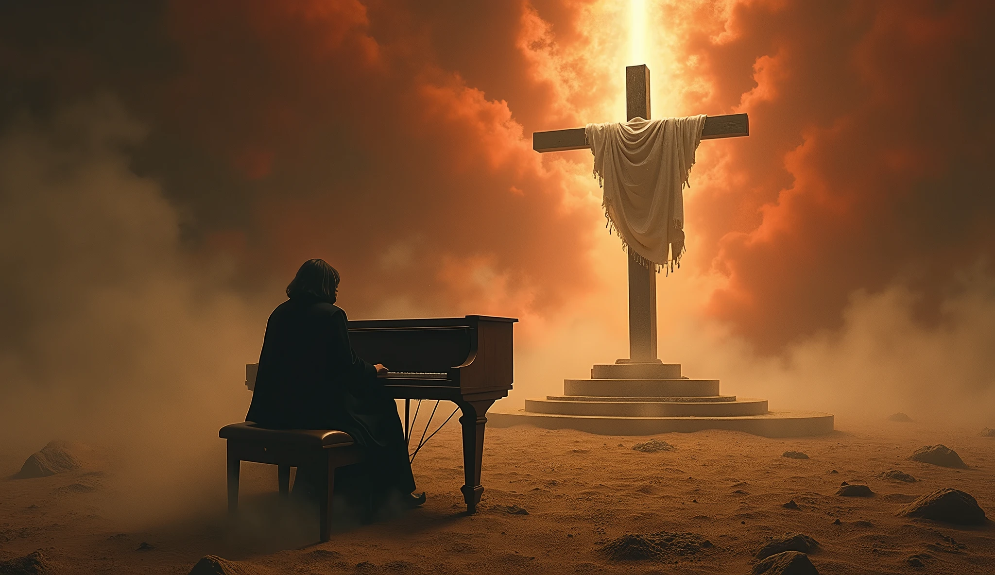 a pianist playing piano in middle apocalyptic sand, dust and smoke, The image depicts a powerful scene with a solitary wooden cross, standing majestically atop a platform surrounded by swirling mists. A white cloth is draped over one arm of the cross, catching the light from within the structure, which shines outward, piercing the surrounding darkness. The atmosphere is ethereal and mystical, set against a red rose of a dark, stormy sky, suggesting a moment of divine significance or spiritual revelation. The overall mood is solemn and awe-inspiring, evoking a sense of reverence and mystery.