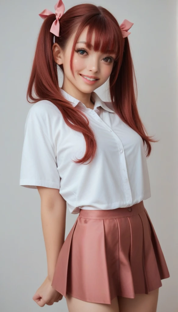 UltrarealismAccuracy, textured leather, Realistic anatomy,similar to Lyvlas 1 girl,girl, Breasts, blushing, twintails, ruby hair, bang, bang на глаза, front view, looks at the viewer, Smile,Parted lips, Double tails, hair ribbon, Hood thrown back,schoolgirl uniform,anime style
