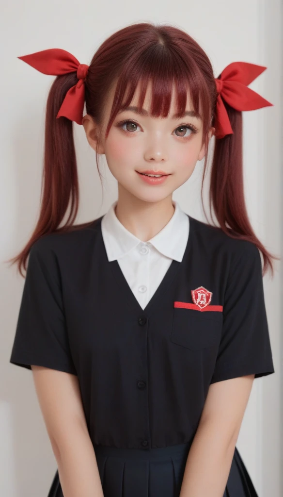 UltrarealismAccuracy, textured leather, Realistic anatomy,similar to Lyvlas 1 girl,schoolgirl, Breasts, blushing, twintails, ruby hair, bang, bang на глаза, front view, looks at the viewer, Smile,Parted lips, Double tails, hair ribbon, Hood thrown back,schoolgirl uniform,anime style 