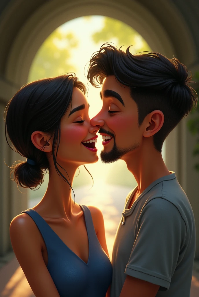 a girl (diamond shaped face, tanned, dark features aber nicht zu volle augenbrauen, stupsnase, laughing, while her eyes turn into “slit eyes” when she laughs,tied hair blue dress)and a young boy whose side profile is recognizable(dark features, goatee, pages to 0, flat hair, full eyebrows but good shape, while he kisses her smiling, Straight nose) who “bites” you on the cheek while you take a selfie. (highly realistic/background. rather tunnel)