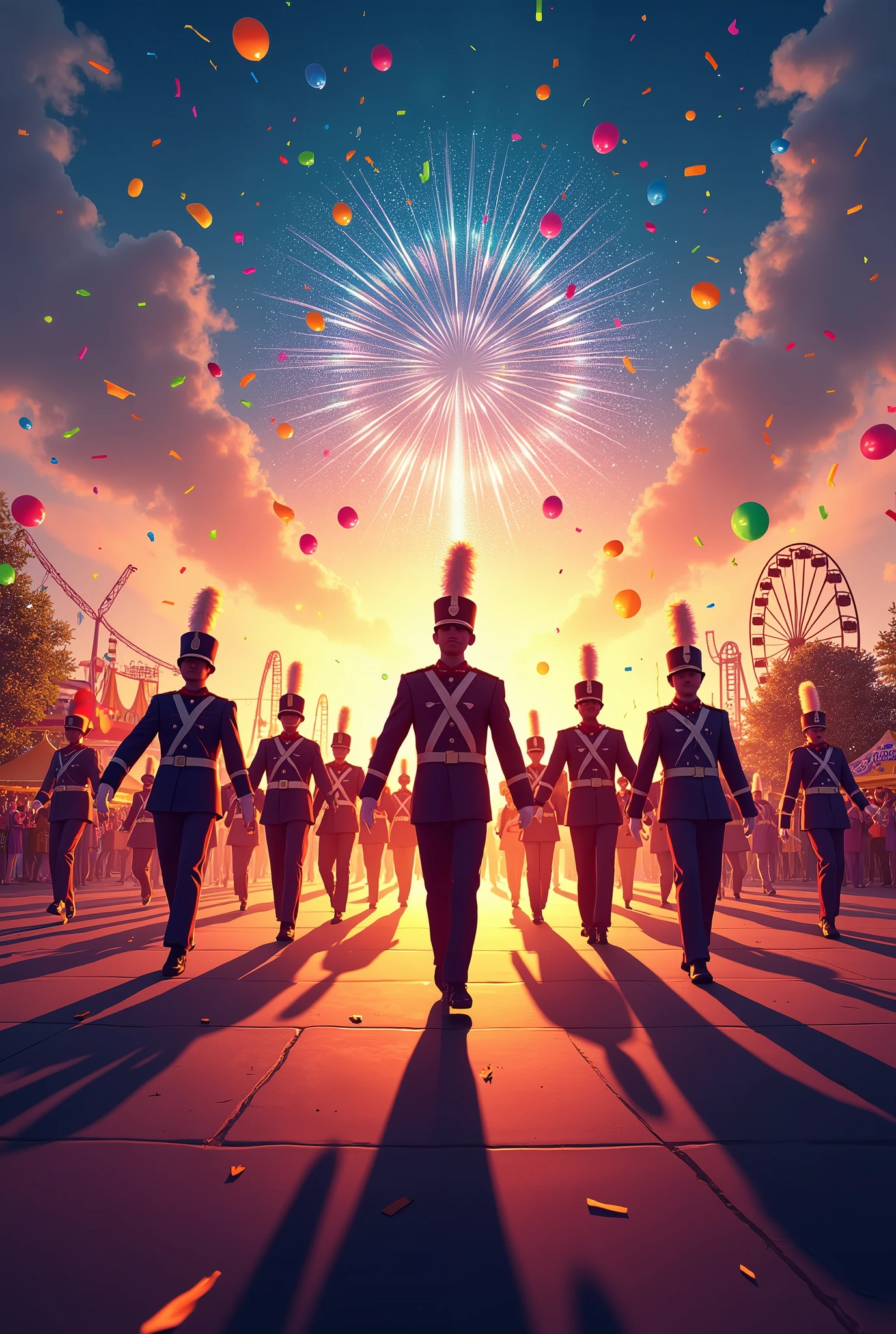 Create a marching band event flyer with a fair in the background with fireworks and confetti
