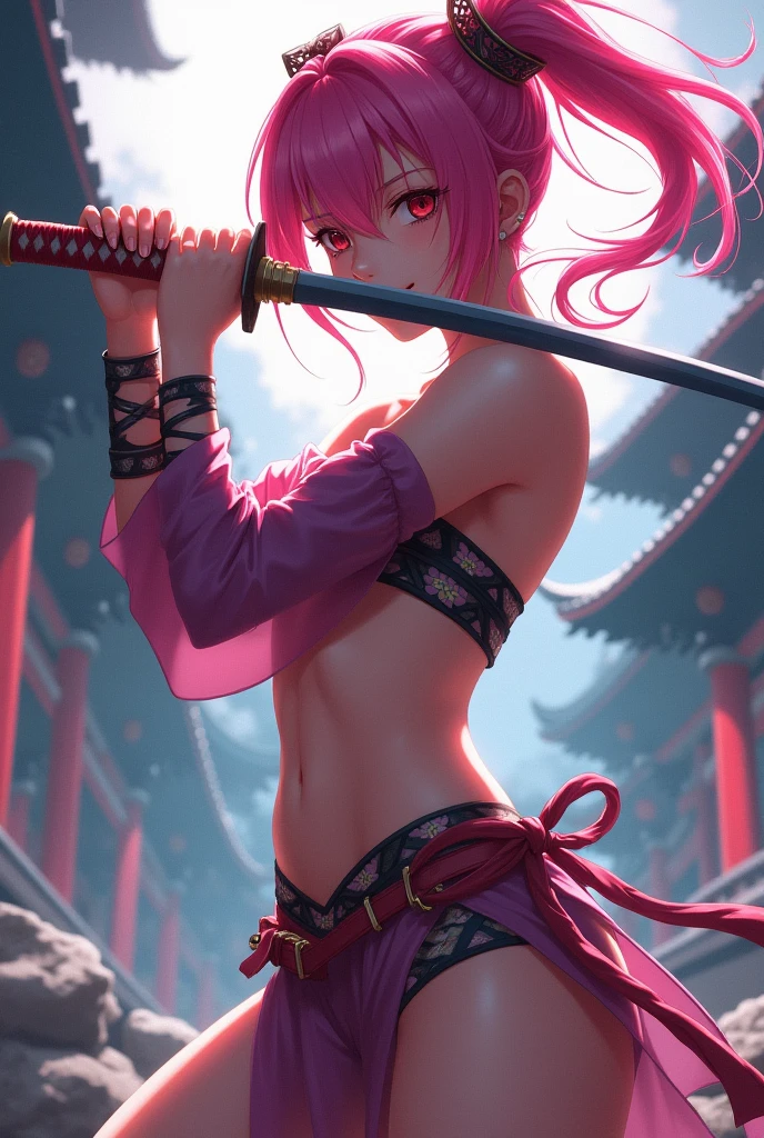 Creates a pantyless girl holding a katana with pink hair and anime style