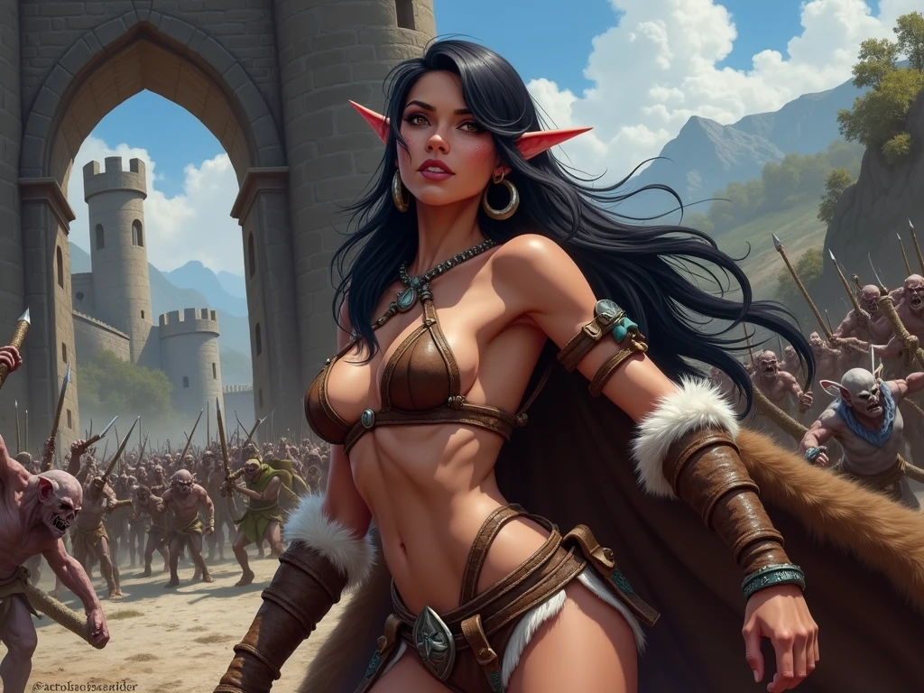 a ((native american elf)). She wears a brown leather bikini, fur cloak, fur boots, fur bracers. (((native American))), 1woman, large breasts , curvy, slim waist. ((black hair)), long hair, coco skin, Dark skin, brown eyes. (detailed eyes, detailed face), smile, red lips. Square jaw, high cheekbones, strong jaw line. Show her in a heroic pose ready for battle. tanned skin. intricate details. a horde of monsters attack the castle gate in the background. many orcs and goblins with jagged weapons in the background.