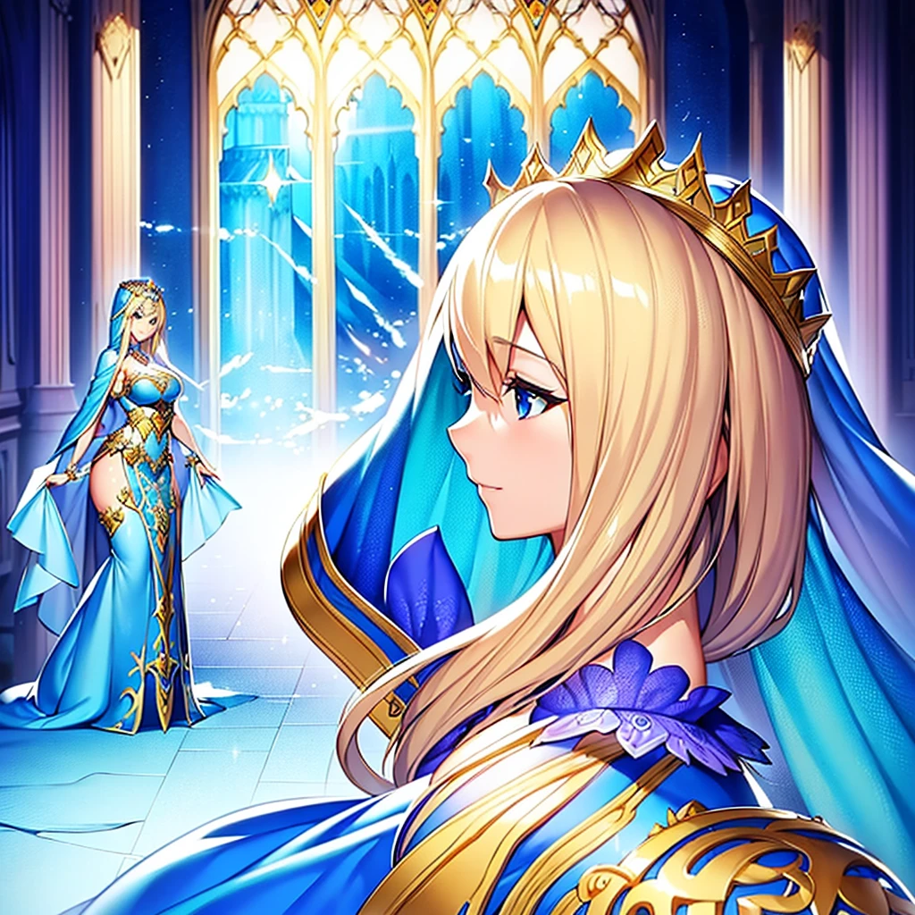 A blonde woman in a blue dress with a veil and head covering, Beautiful fantasy girl, Detailed fantasy art, beautiful fantasy art, blonde hair princess, artgerm from artstation pixiv, beautiful young woman, ((Beautiful Fantasy Empress)), 2. 5d cgi anime fantasy artwork, Fantasy art style, Detailed digital anime art, fantasy style art