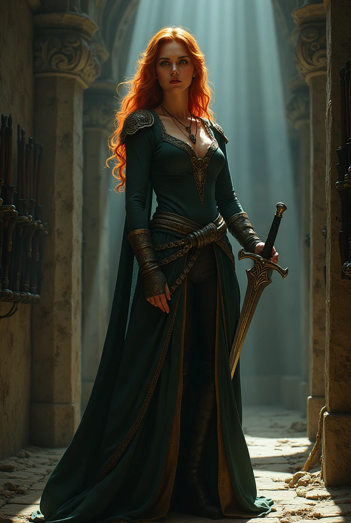 Triss Merigold from the videogame The Witcher in sexy pose with sword in hand in weaponroom of a middleaged castle
