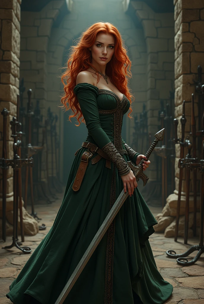Triss Merigold from the videogame The Witcher in sexy pose with sword in hand in weaponroom of a middleaged castle
