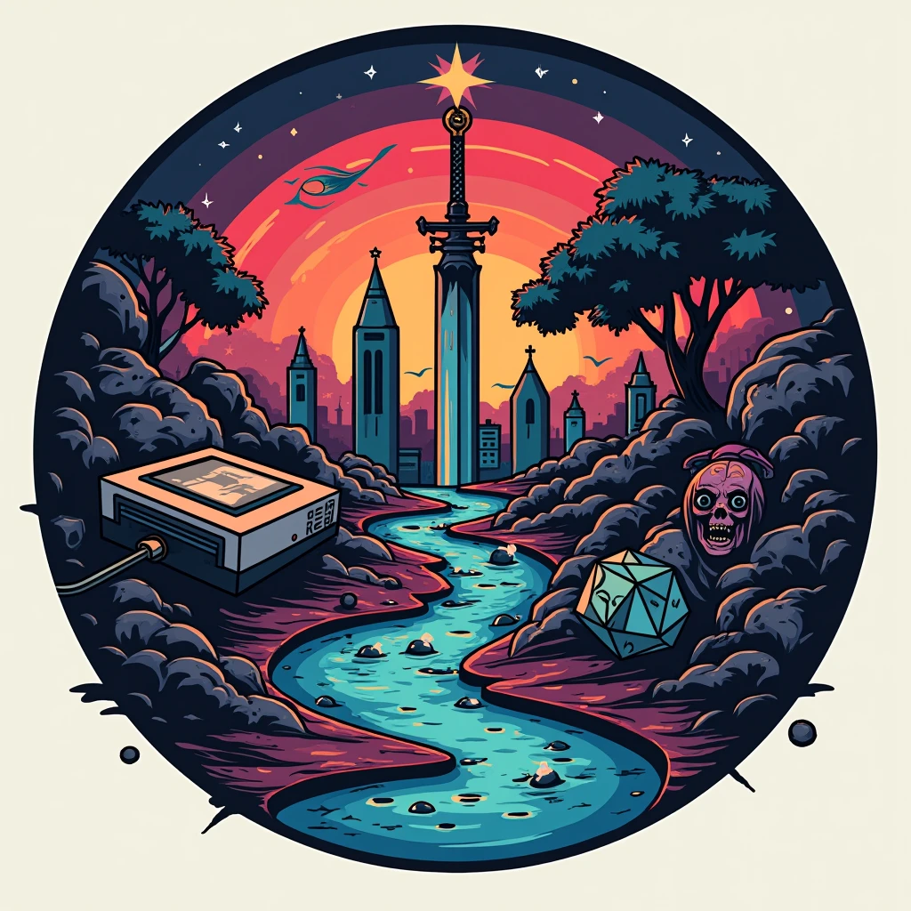 Logo. Use a retro color gradient background, different icons of geek culture, like a classic video game console, a D die&D, an anime figure, a fantasy sword and an alien. These elements could be connected by portals that symbolize the “other plane” where everything converges in a stylized way.