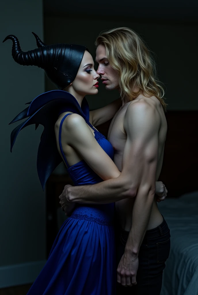 Maleficent, sexy blue dress, sitting on the red bed, dark bedroom, hugging a young man with long wavy blond hair shirtless, closeup 