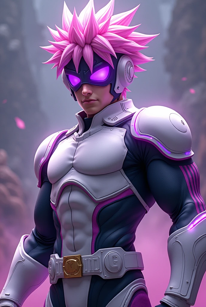 Bakugou from my hero academia but with white armor and purple stripes, a helmet like Axl's but purple with white,Pink hair that sticks up in the Disney Pixar style