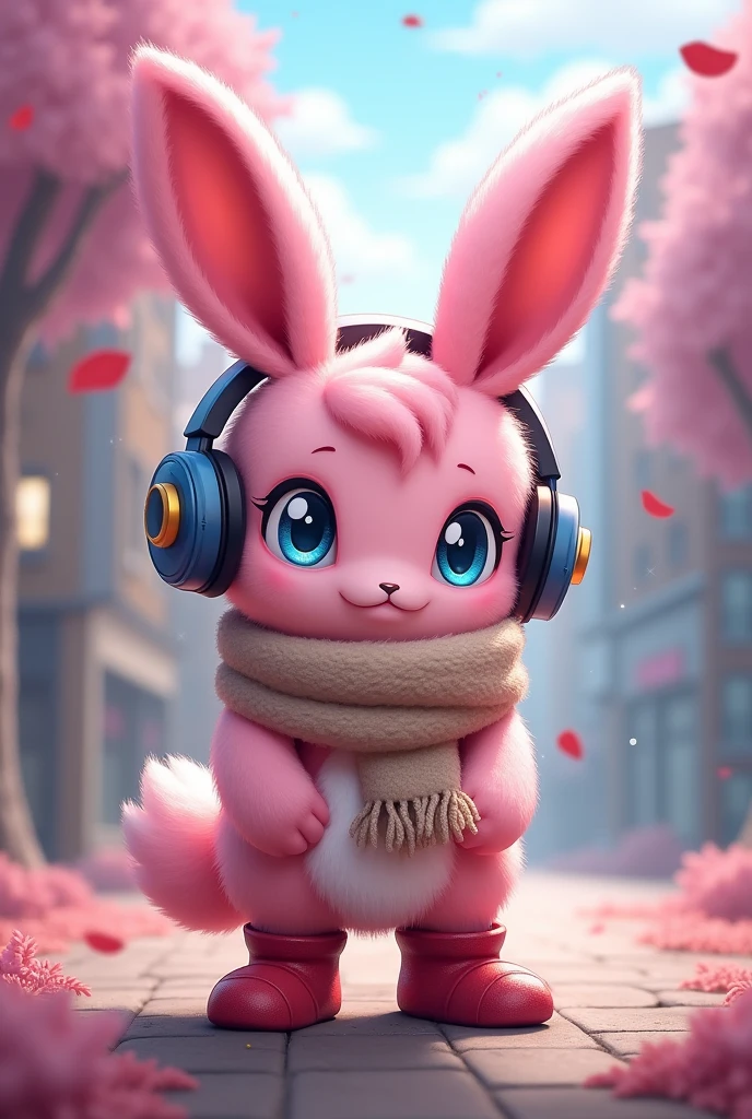digimon pink cutemon with large rabbit-ears, with scarf and headphones and red boots standing
