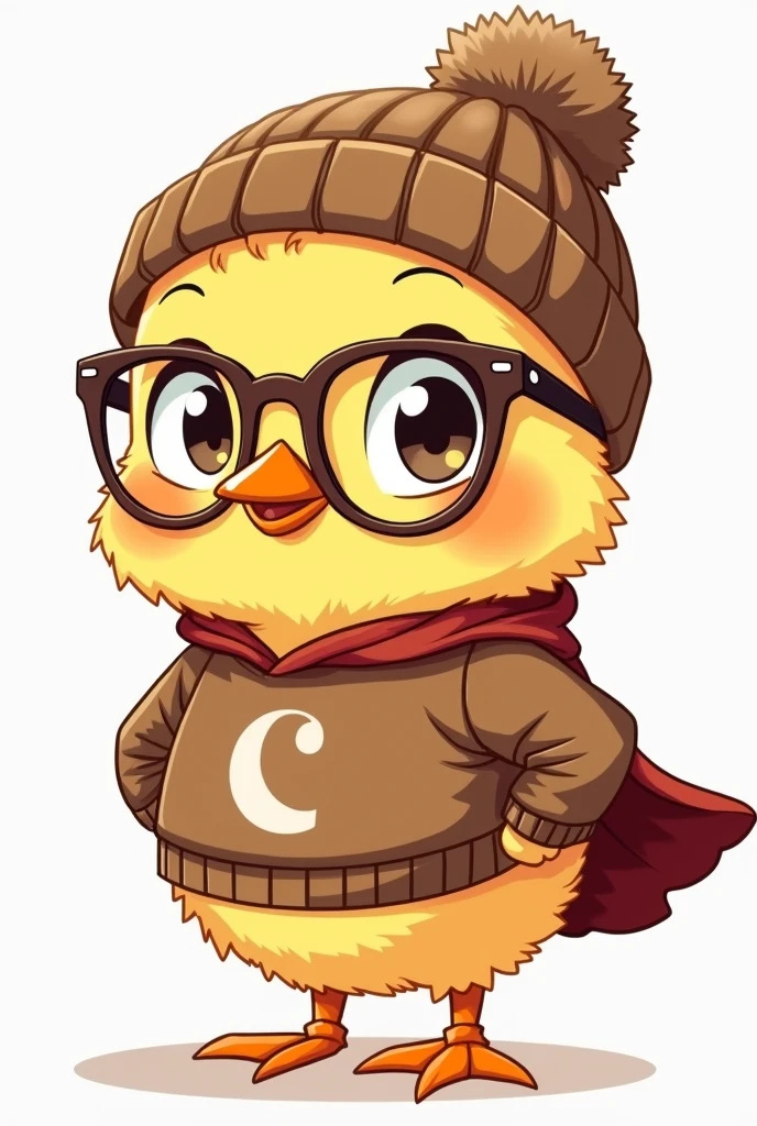 Drawings of a Chick referring to a superhero in a cute way with a brown carhartt sweater and a brown beanie brown glasses drawn in a manga style 