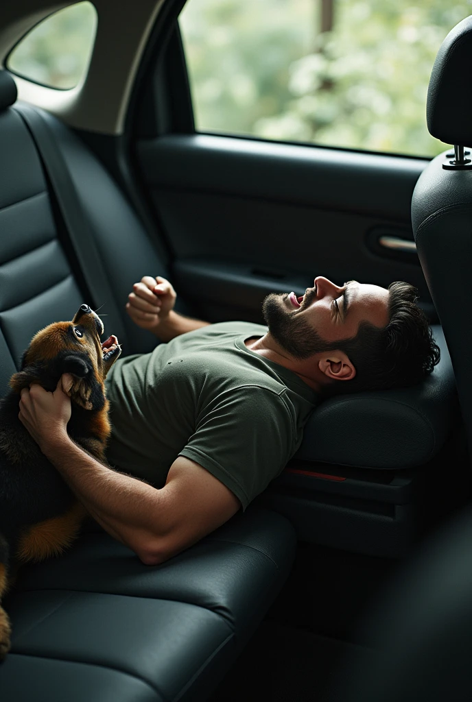 A man lying in prone position, on a back seat to whom a angry dog is biting on his hip. This is happening on back seat of car