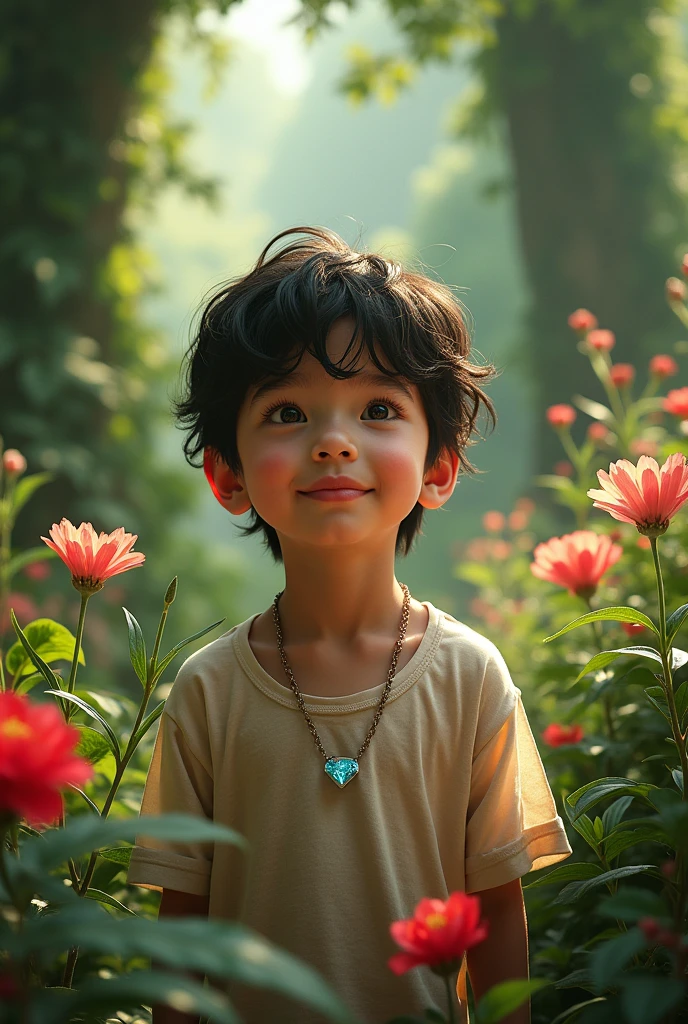 (photorealism:1.2) ( masterpiece ) ( highly detailed) a amazing  boy  in big Éden garden , and rubis and diamond realism , 8k , HD.