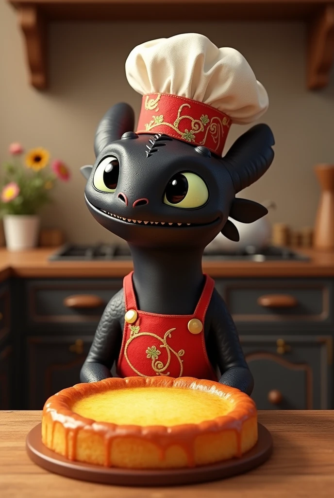 Toothless dragon from the movie Training Your Dragon in a happy chef costume with potato cake on the table
