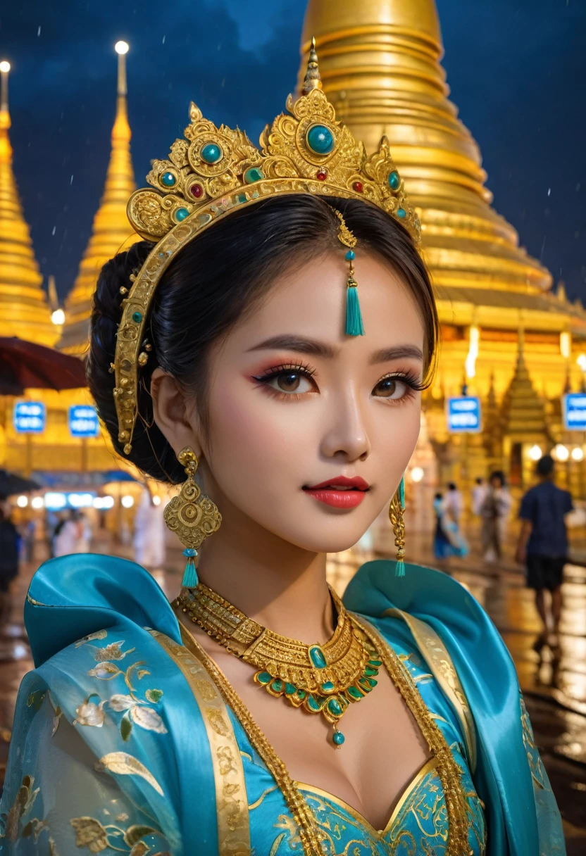 (8k, RAW Photos, besaint quality, masainterpiece:1.2), (realisaintic, photo-realisaintic:1.37),saint. Louis (Luxury Wheels) (Azur Lane),One person,(Myanmar girl), (aegyo sal:1),hair ornaments, Portraiture, (Myanmar traditional costume:1.1), necklace, Blue Claws,cute,Cityscape, night, rain, Wet, Professional Lighting, Photon Mapping, Radio City, Physically Based Rendering, Background Shwedagon Pagoda