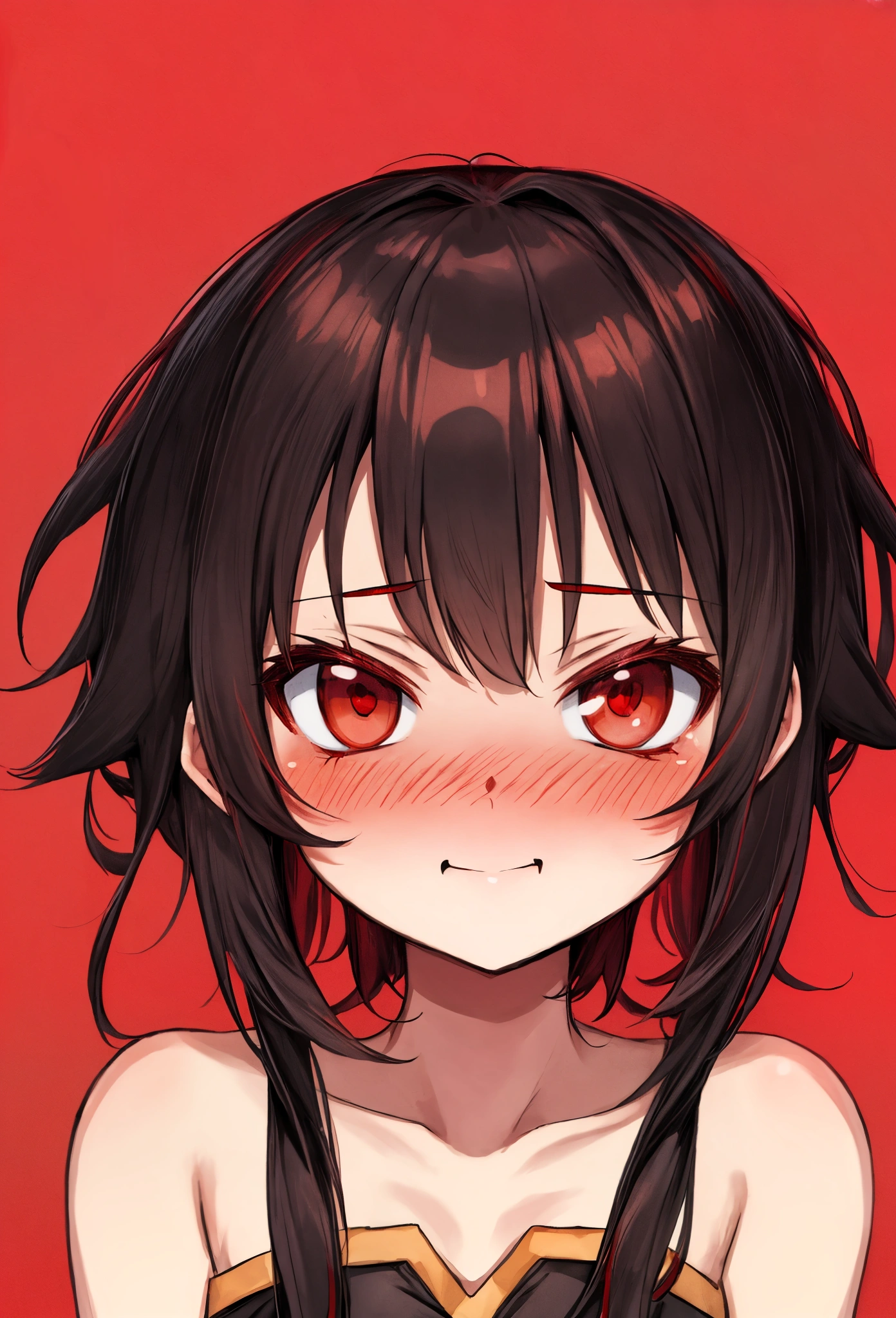 portrait, Megumin, short hair, black hair, (red eyes:1.3), short hair with long locks, winking, happy, nose blush,
