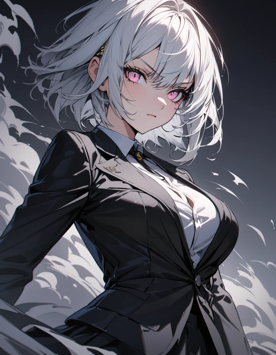 (masterpiece)、(absurdres)、(ultra detailed)、(8k),(solo girl),(white hair),shortcut hair,(shiny pink eyes),(middle breast:0.9),black suit,black skirt,BREAK,(yellow hairpin:0.9),BREAK,Smoke:1.4,Smoke:1.3,Serious,Close-up shot:1.2,simple darkness background,in the darkness:1.2,