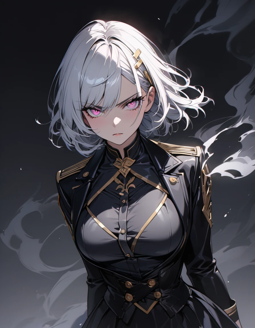 (masterpiece)、(absurdres)、(ultra detailed)、(8k),(solo girl),(white hair),shortcut hair,(shiny pink eyes),(middle breast:0.9),black suit,black skirt,BREAK,(yellow hairpin:0.9),BREAK,Smoke:1.4,Smoke:1.3,Serious,Close-up shot:1.2,simple darkness background,in the darkness:1.2,