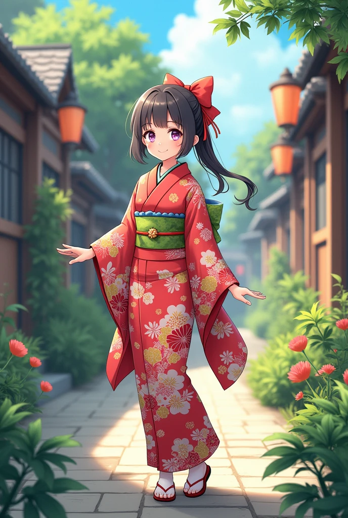 score_9, score_8_up, score_7_up, score_6_up, score_5_up, score_4_up, source_anime,,rating_safe,rating_questionable,masterpiece, best quality, perfect anatomy , very aesthetic , absurdres , BREAK ,solo,1girl\(cute,smile,standing,kimono),at town,plants,isometric view,(pixel:1.4),(from below:1.3),(ground level shot:1.3),(from directly below:1.3)