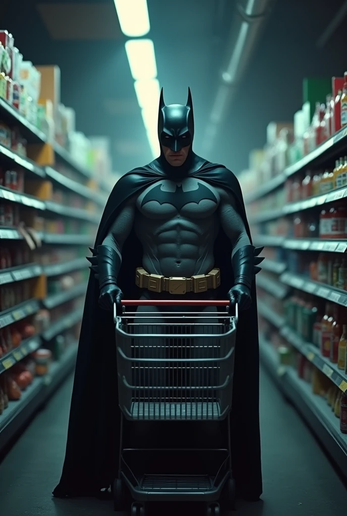 a batman shopping in a supermarket, pushing a shopping cart and checking products, detailed facial features, extremely detailed eyes, high quality, cinematic lighting, photorealistic, 8k, hyper detailed, dramatic composition, moody atmosphere, dark and gritty, muted color palette, chiaroscuro lighting