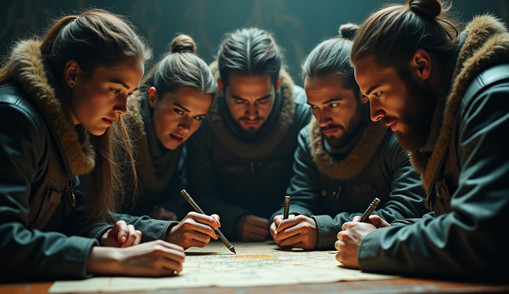 a group of 5 dragon hunters, 2 females and 3 males, studying a tactical strategy, highly detailed, cinematic, dramatic lighting, muted color palette, masterpiece, 4k, photorealistic, concept art style