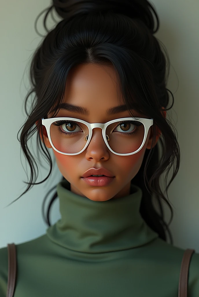 A dark brown skinned girl with almond shaped brown eyes & high ponytail hairstyle wearing sage green turtleneck top & White Frame Glasses