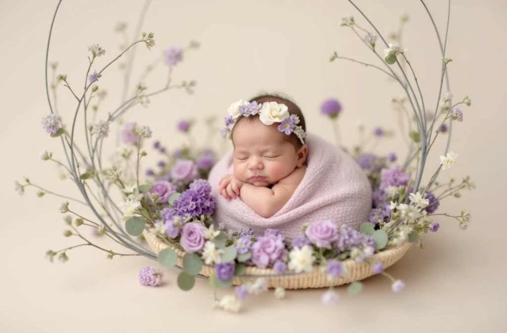 a close up of a baby wrapped in a blanket in a basket surrounded by flowers, an album cover by Arabella Rankin, pexels, conceptual art, wrapped in flowers, violet colored theme, draped in purple, wrapped in cables and flowers, photo pinterest, photo of a beautiful, cream themed, bed of flowers on floor, dreamy and detailed