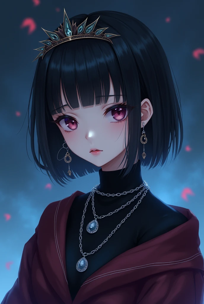 girl, alone, black hair, jewelry, parted lips, necklace, crown, upper body, blue purple background, piercing, short hair, looking at viewer, black eyes, simple background, chain, bangs, earrings, ear piercing, turtleneck, black shirt