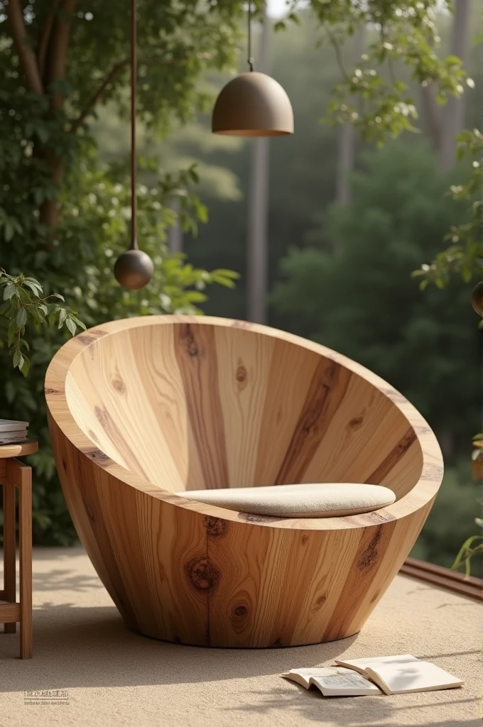 Make me a picture of a round chair made of large wood 30 cm high 50 cm and the wood remains intact and round