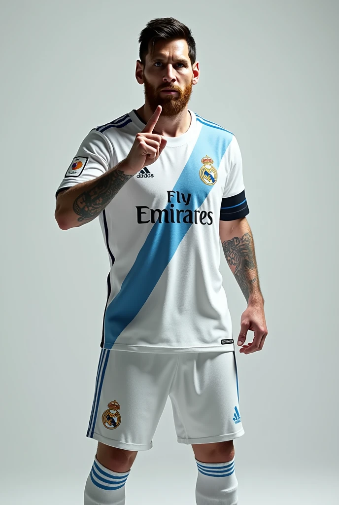 Leonel Messi with the Real Madrid shirt pointing at the crest with his finger