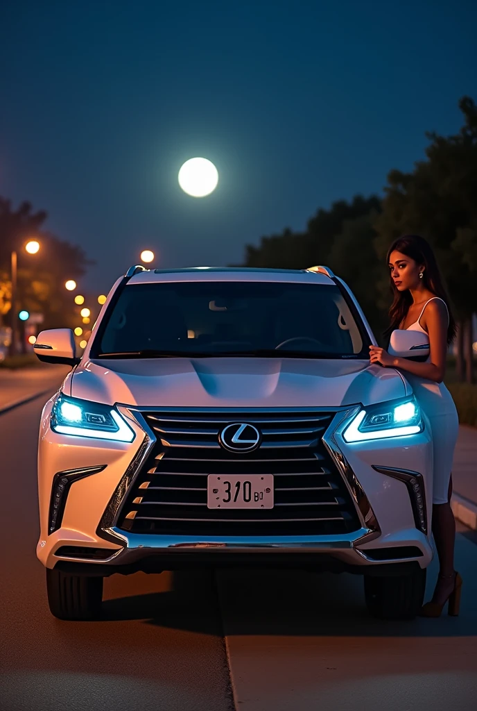 Lexus LX 570, 2016 model, Let the model number plate be 2010, Azerbaijan plate number 52-BG-131, WHITE COLOR, Azerbaijan Baku and let there be a girl next to you, let there be moonlight at night