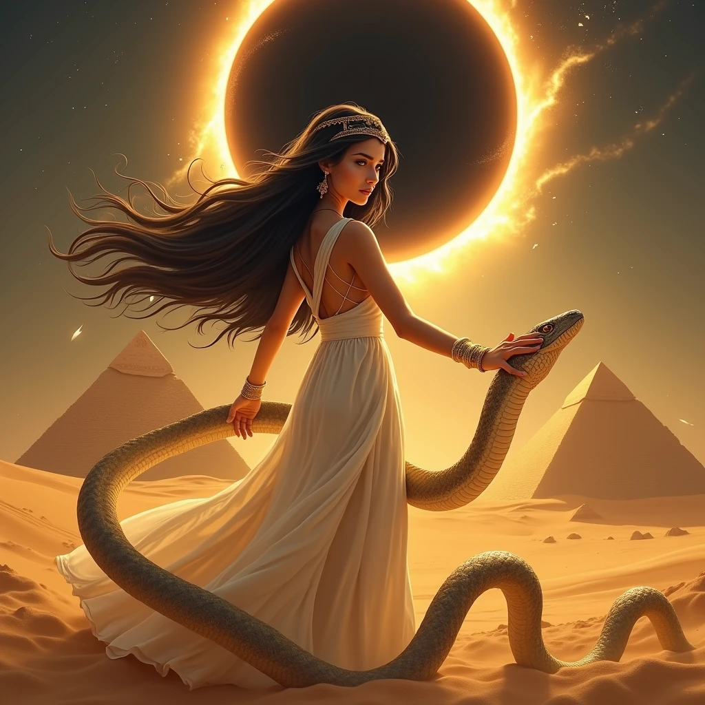 1x1 picture, a beautiful Egyptian girl with a simple dress and the power of sand and magic snake in front of the Egyptian pyramid, there is a big solar eclipse behind the pyramid.