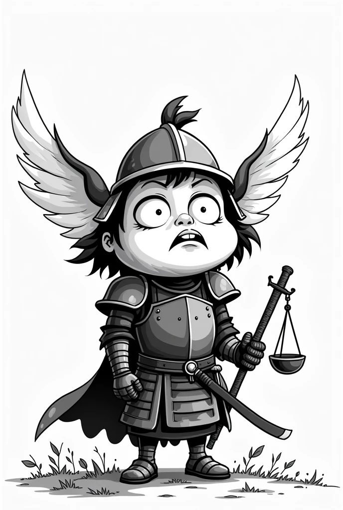 Create a black and white cartoon about the "honor" with a character like a knight or samurai, but very cartoonish: Giant head, , huge eyes, and exaggerated features (a large, square jaw). Use thick and simple lines. The background should be minimalist, like a small scale or a shield. Give him a comical but solemn expression. Use strong contrast in black and white.

