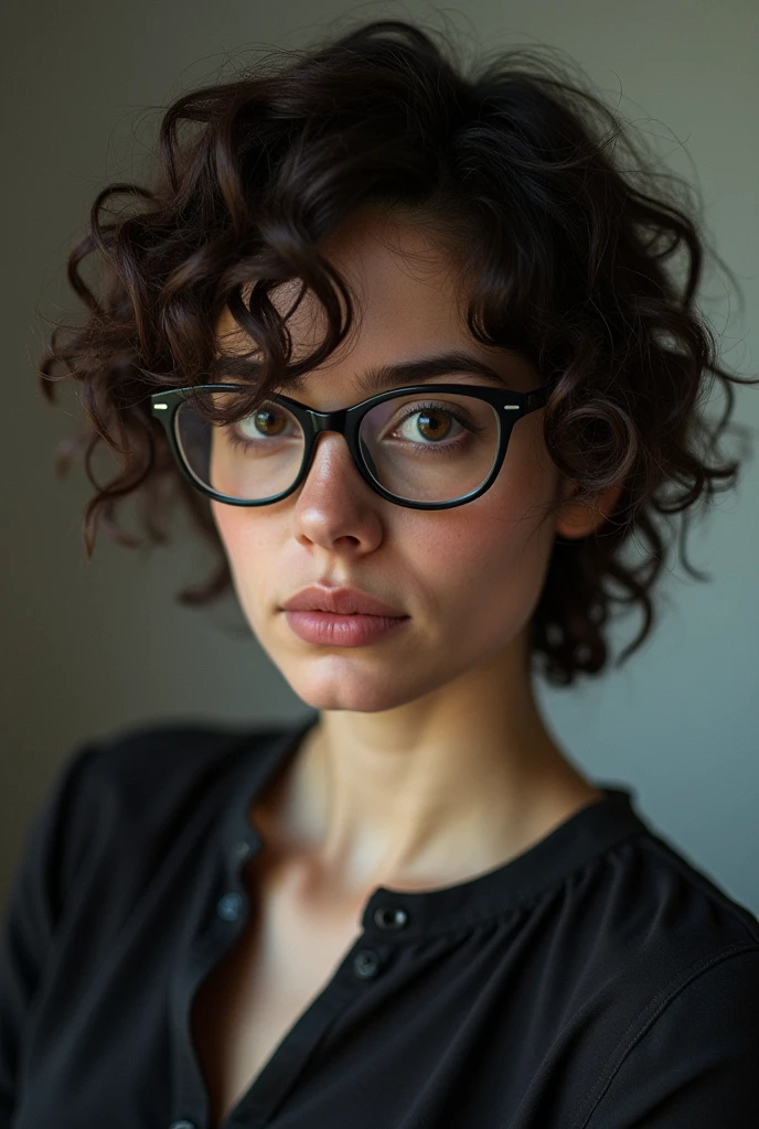 Woman with short, curly mullet-like hair, who wears black glasses and is brunette