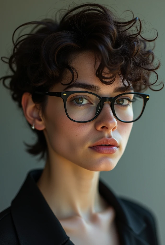 Woman with short, curly mullet-like hair, who wears black glasses and is brunette