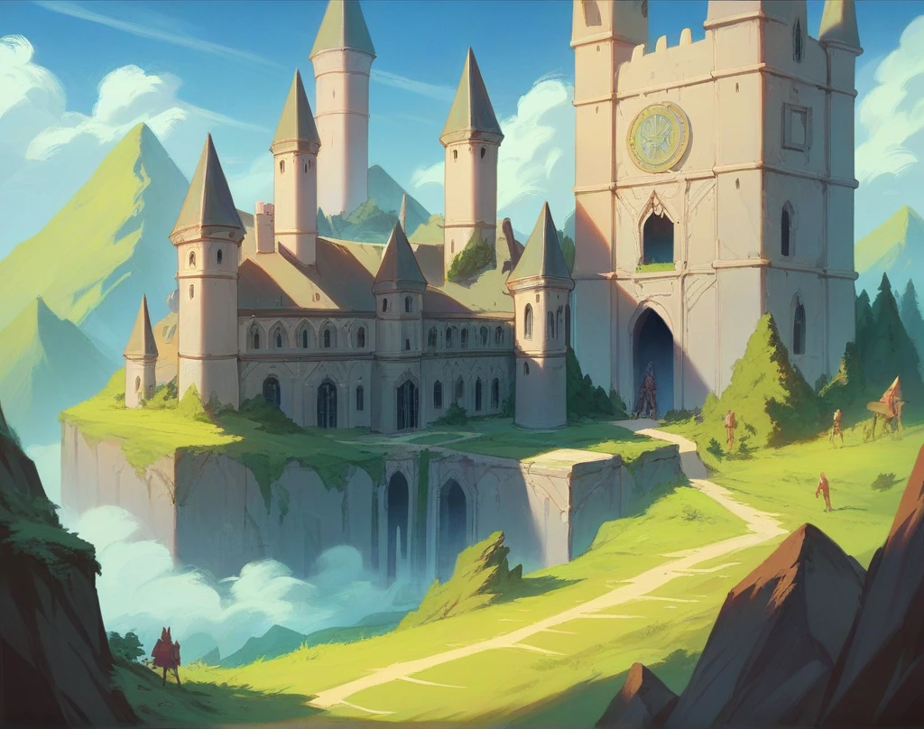 a medieval castle in an alien landscape, a red, white and blue starship with intricate details, green nacelles and heavy metal gold webbing, extremely detailed and symmetrical, alien landscape photography, warmly glowing nacelles, cobalt wired industrial materials