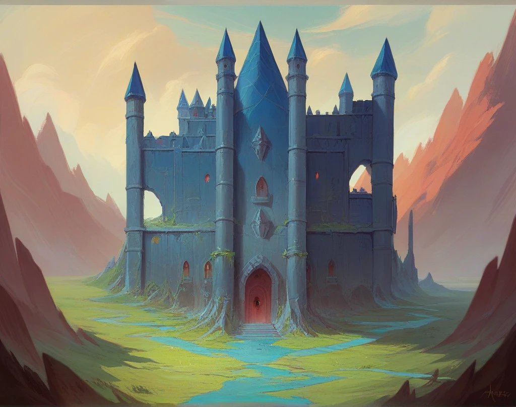 a medieval castle in an alien landscape, a red, white and blue starship with intricate details, green nacelles and heavy metal gold webbing, extremely detailed and symmetrical, alien landscape photography, warmly glowing nacelles, cobalt wired industrial materials