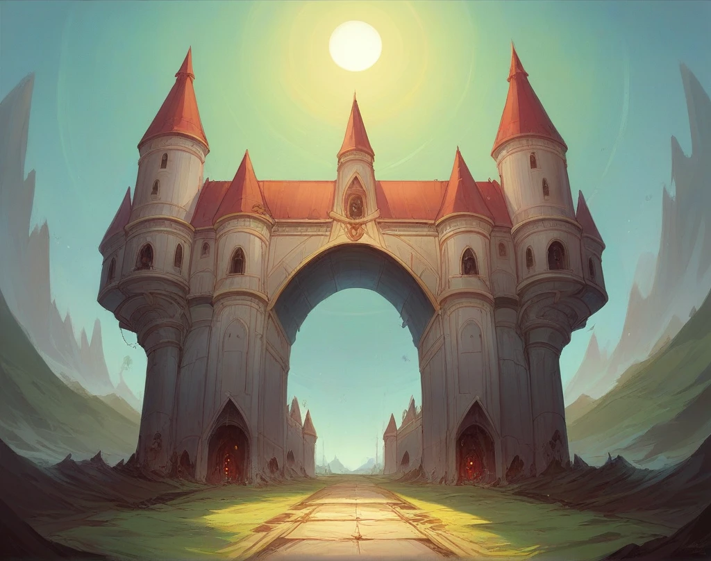 a medieval castle in an alien landscape, a red, white and blue starship with intricate details, green nacelles and heavy metal gold webbing, extremely detailed and symmetrical, alien landscape photography, warmly glowing nacelles, cobalt wired industrial materials