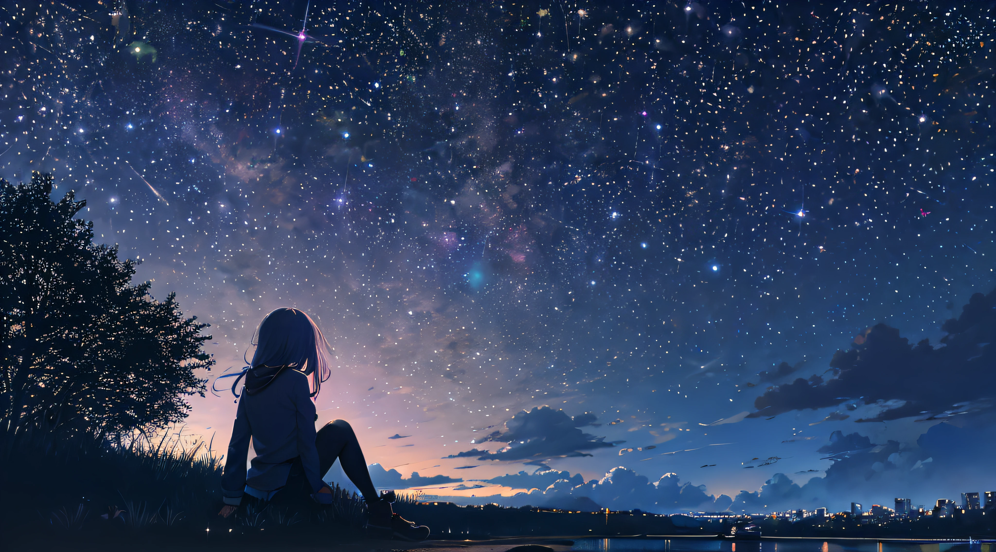 octans, sky, star (sky), scenery, starry sky, night, 1girl, night sky, solo, outdoors, building, cloud, milky way, sitting, tree, long hair, city, silhouette, cityscape
