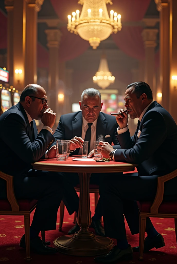 Create a picture of mobsters in the casino smoking cigars and drinking