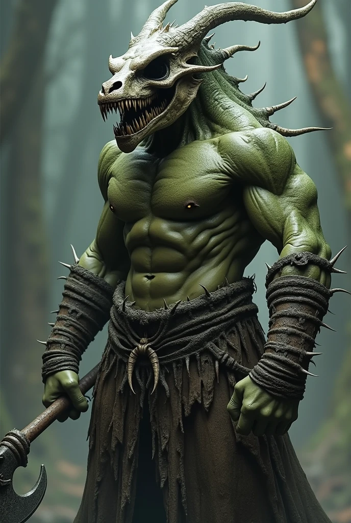 His skin color is off-green, he has a dragon skull on his head and he holds an axe in his hand like a viking 