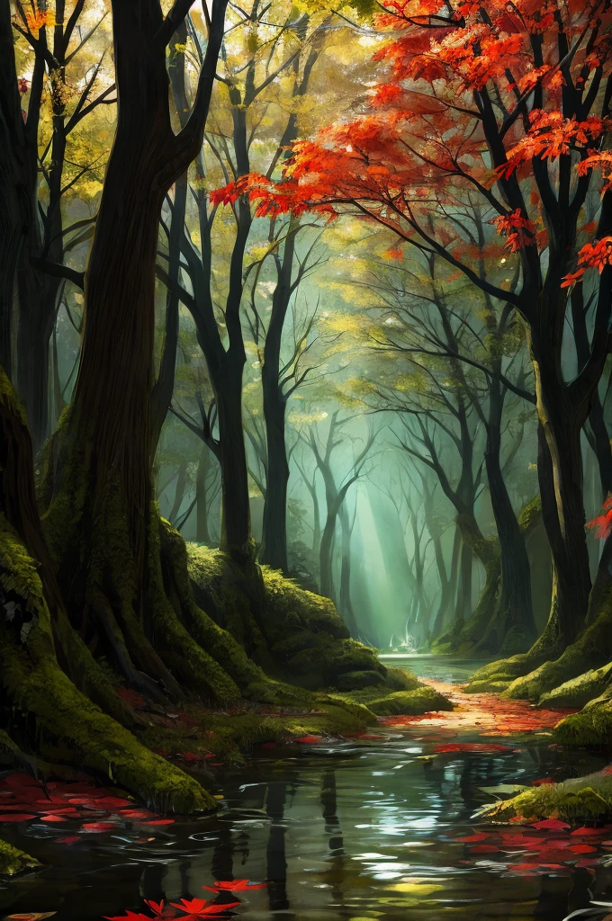 shady swamp with red maple tree