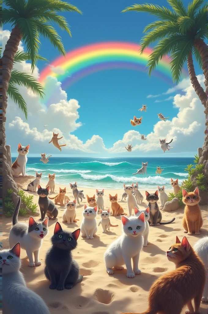 i want to create an image in a beach with storm of cats, i want rainbow in the image and cute cats