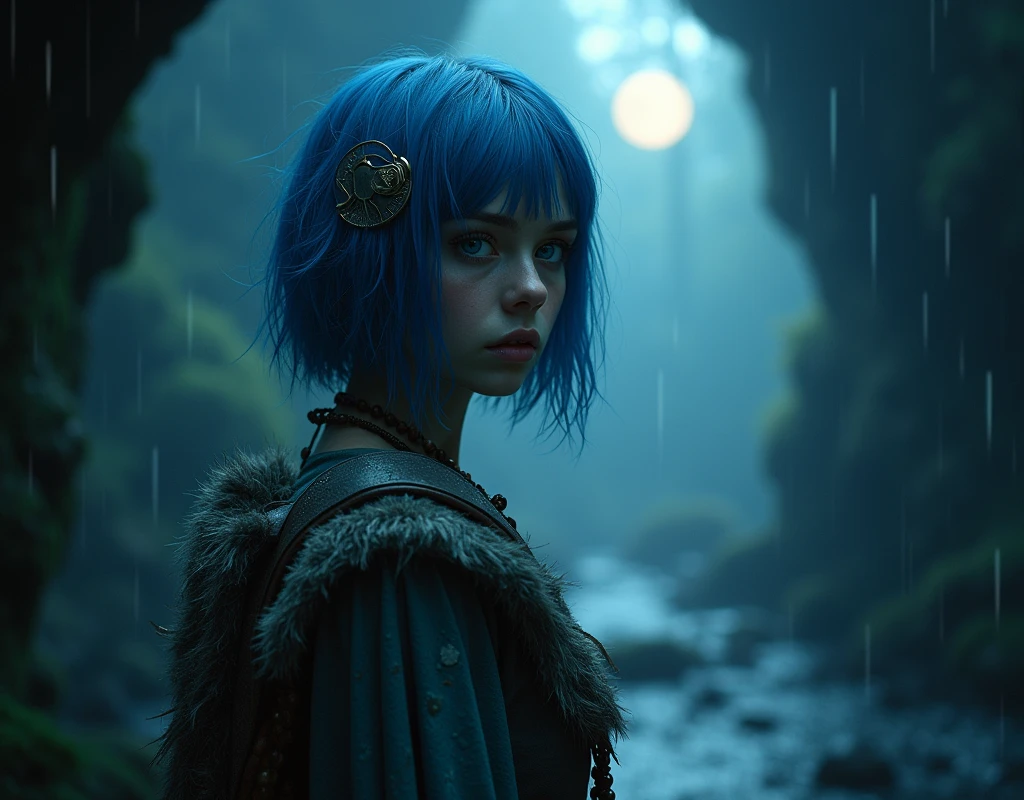 (Beautiful girl on logl:1.3), viking clothes, full moon ,Masterpiece, highest quality, 1girl, Harajuku fashion coordination girl, (Puella Magi Madoka Magica, Sayaka Miki, blue hair, blue eyes, short hair,), musical note hair ornament, rain outside, intricate hair, best illumination, (best shadow, an extremely delicate and beautiful, bloom), masterpiece, best quality:1.1, realistic:1.3, cinematic lighting:1.2, in the dark cavern:1.5, ultra photoreal, photorealistic:1.0, sharp focus:1.1, depth of field:1.1, 50mm, style of Nathan Wirth, Hasselblad X1D II, Porta 160, far cam