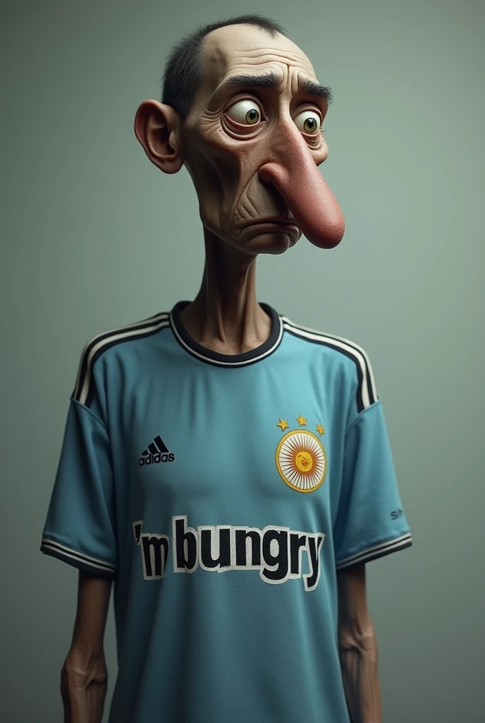 Skinny man with big nose very sad, with the Argentina shirt written "I'm hungry'