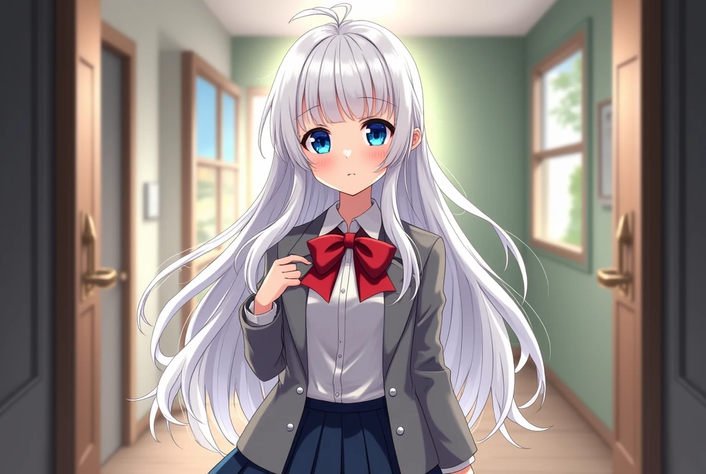 Arya, 1girl, solo, long hair, blue eyes, ahoge, bow, looking at viewer, red bow, jacket, bowtie, long sleeves, breasts, shirt, open jacket, red bowtie, door, cowboy shot, collared shirt, indoors, school uniform, white hair, standing, open clothes, skirt, bangs, dress, grey jacket, black dress, blush, pleated skirt, parted lips, medium breasts, pleated dress, white shirt, hair between eyes, white jacket, hand up, blazer, black skirt, thighs, open door, hallway