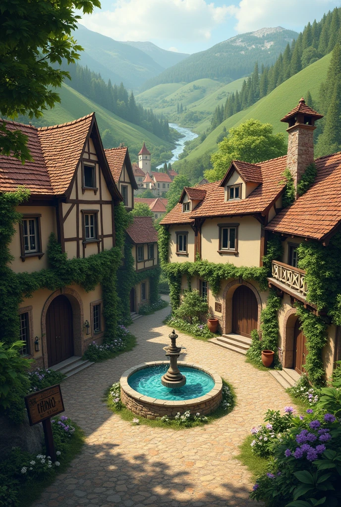 A small town, fantastic medieval, little visited by travelers with a fountain in the center, marry humble and close to nature, 