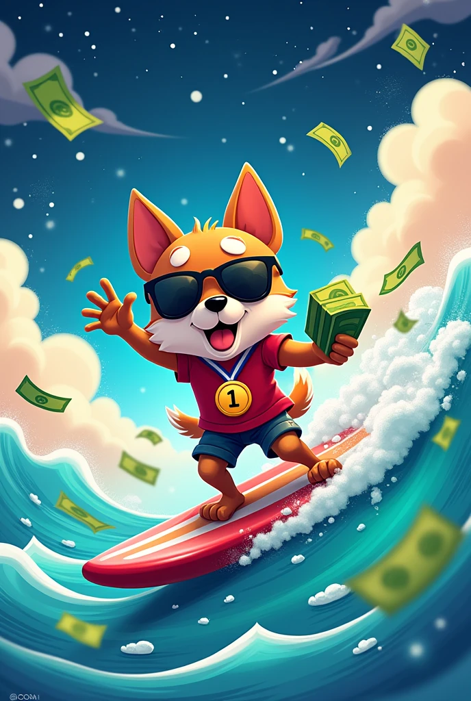 This artwork features a character with a dog-like head, wearing sunglasses and a medal labeled "1," while holding a stack of cash. The character is surfing on a colorful wave, surrounded by floating money and a starry night sky. The style is playful and cartoonish, evoking a fun, adventurous vibe. Let me know if you need more details or a specific aspect discussed!