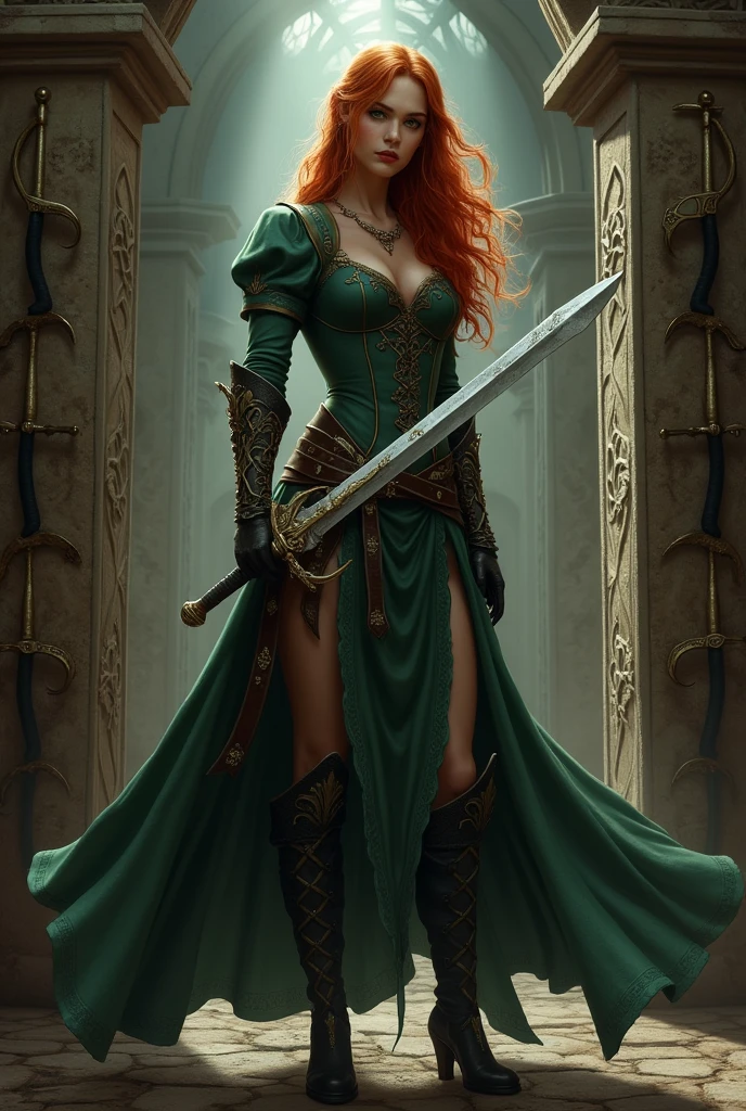 Triss Merigold from the videogame The Witcher in sexy pose with sword in hand in weaponroom of a middleaged castle
